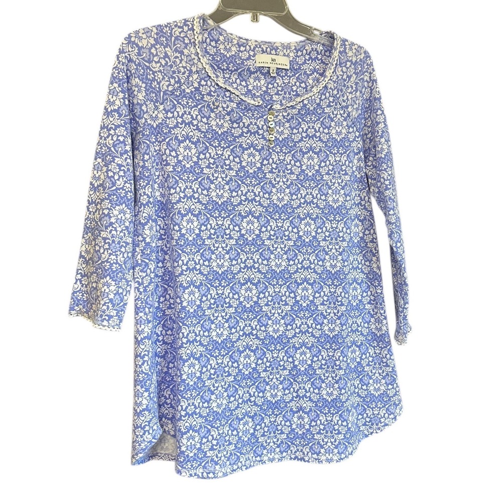 Karen Neuburger Blue White Damask Floral Lace Trim Henley Sleep Top Nightshirt S